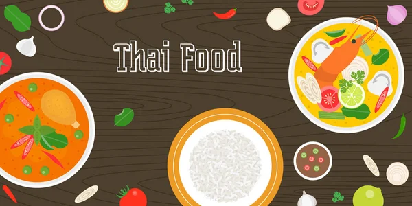 Cibo tailandese e ingredienti freschi su sfondo di legno, vettore di design piatto per banner, copertina del sito web o sfondo — Vettoriale Stock