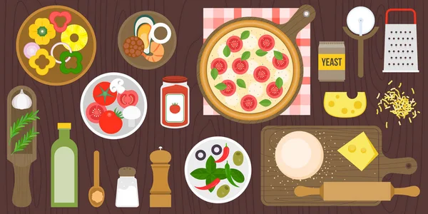 Изготовление ингредиентов и посуды для плакатов пиццы, вектор плоского дизайна — стоковый вектор