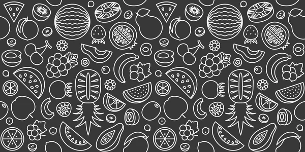 Seamless pattern of fruits in outline icon, black and white vector — Stock Vector
