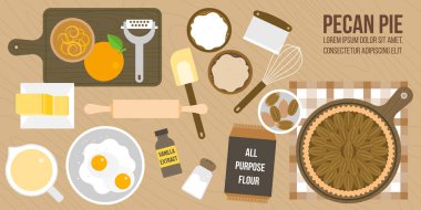 cooking pecan pie poster, ingredients and utensils, flat design poster clipart