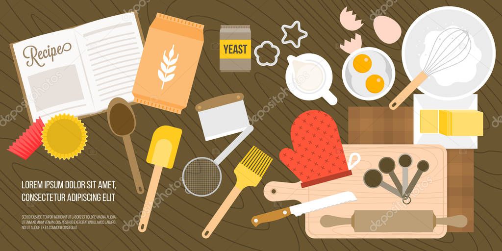 bakery ingredient and utensils in top view such as eggs, milk jug, wheat flour, whisk, measuring spoon on wooden background, flat design vector for banner or poster