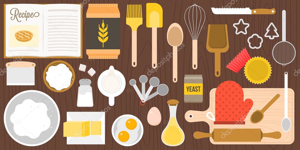 utensils and ingredients for bakery on wooden background in top view, flat design vector in aerial view