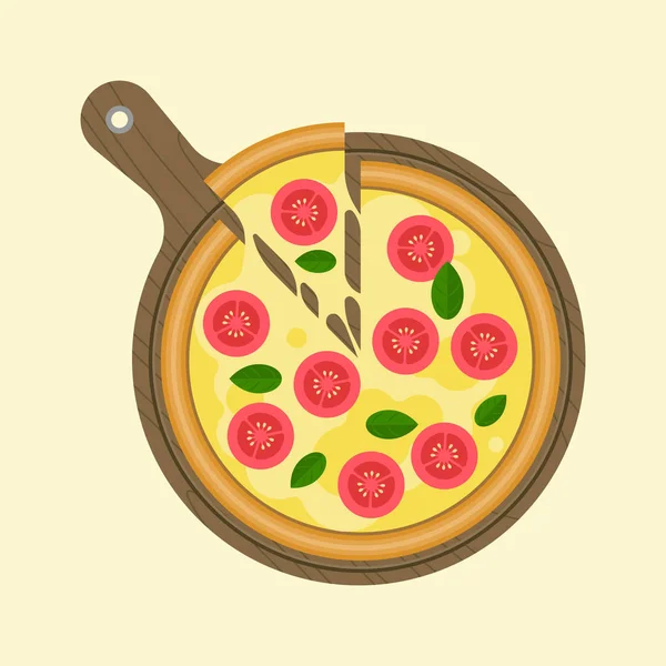 Margarita pizza en plakje stuk op houten lade pizza plaat, platte ontwerp vector — Stockvector