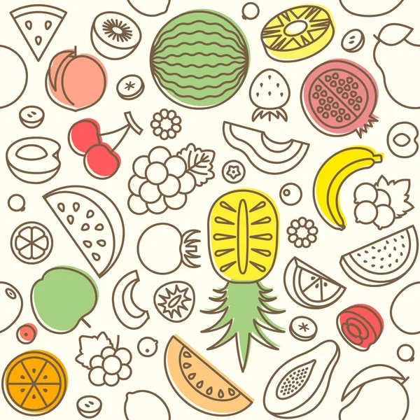 无缝模式的各种水果、 西瓜、 松苹果、 草莓、 浆果、 大纲设计适合横幅或背景和包装纸 — 图库矢量图片