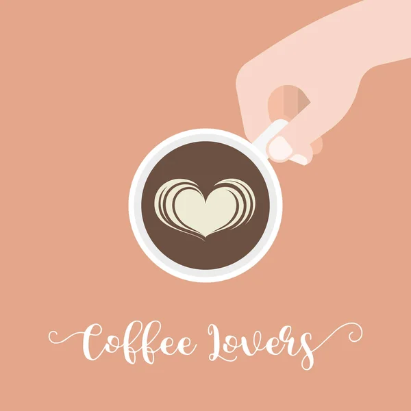 Kaffeeliebhaber Hand Schriftzug kaligraphischen und Hand halten Tasse Kaffee mit Latte Art Herzform, flache Design-Vektor für den Einsatz als Cover, Banner oder Poster — Stockvektor