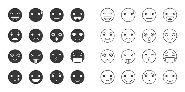 Emoticon in verschiedenen Stimmungs-, Umriss- und Silhouettensymbolen für den Einsatz in der Anwendung oder Website — Stockvektor