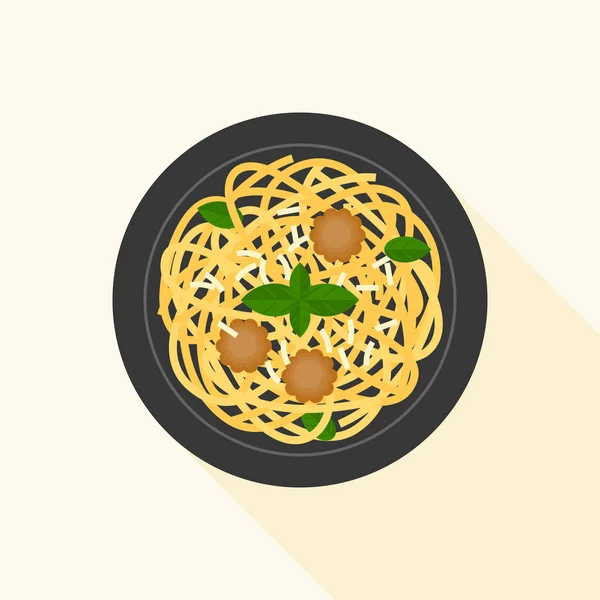 Spaghetti bolognese of vlees bal in luchtfoto, platte ontwerp vector met lange schaduw — Stockvector