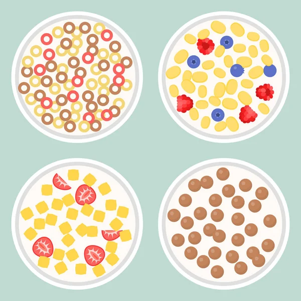 Cereali di vario tipo, pallina di cioccolato, fiocchi con bacche, forma ciambella, con ciotola di latte, vettore di design piatto — Vettoriale Stock