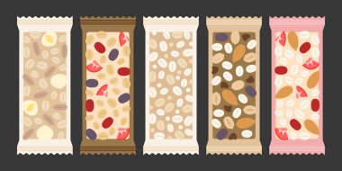 tahıl ve granola bar, fındık, çilek, kiraz, macadamia fındık, fıstık, badem, kabak çekirdeği, yulaf, buğday şeffaf ambalaj, düz tasarlamak vektör gibi kuru meyve