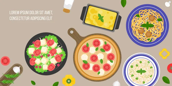 Italiaanse keuken, caesar salade, margarita pizza, risotto rijst, lasagne, bologna pasta, platte ontwerp vector in luchtfoto — Stockvector