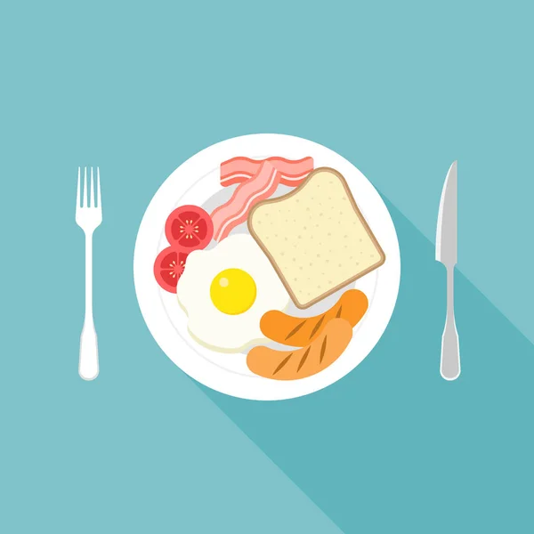 Amerikanisches Frühstück, Brot, Wurst, Eier, Speck, Tomaten, Gabel und Messer in flachem Designvektor in Luftaufnahme — Stockvektor