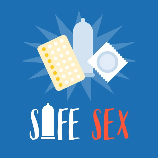 Safe sex typographic poster with condom, birth control pills, flat design vector — Stock Vector