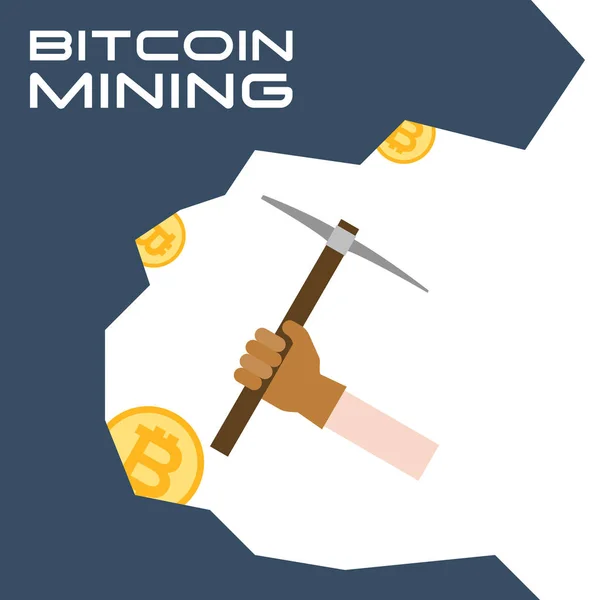 Mano con guante utilizar pickaxe excavación para bitcoin, concepto de minería bitcoin — Archivo Imágenes Vectoriales