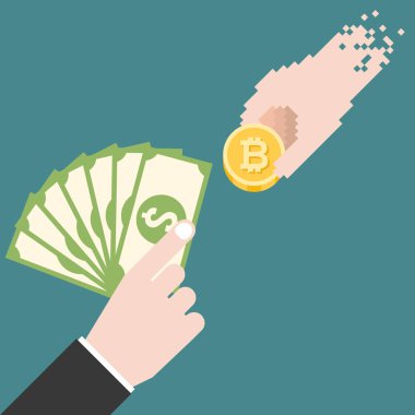 iş adamı el dolar banka ile dijital el bitcoin, gelecek için para birimi kavramı holding ile para değişimi