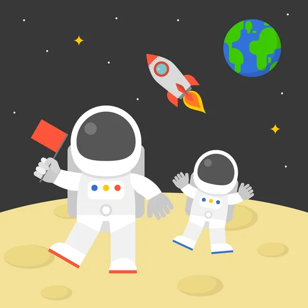 Астронавт держит красный флаг ходьба по поверхности Луны с летающей ракетой в космосе и земной шар фон, плоский дизайн вектор иллюстрации — стоковый вектор