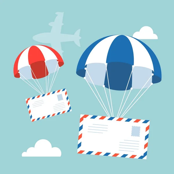 Busta con paracadute in cielo con aereo volante e nuvole sullo sfondo, vettore di design piatto per il concetto di posta aerea — Vettoriale Stock