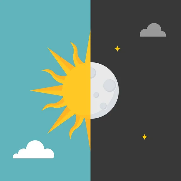 Sun and moon icon on day and night background for use in weather forecast or symbol, flat design vector — Stock Vector