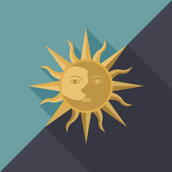 Combination of sun, moon and star with face, icon for use as day and night or equinox, flat design — Stock Vector