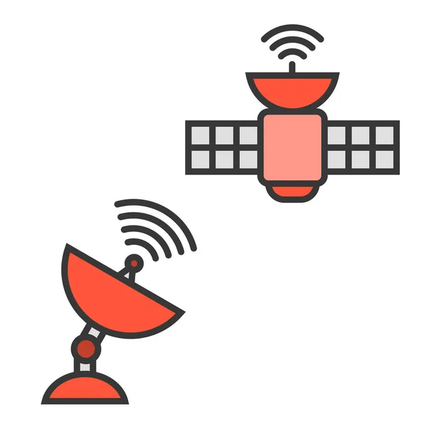 Спутниковый и спутниковый антенны, линия иконка вектор с цветом заливки — стоковый вектор