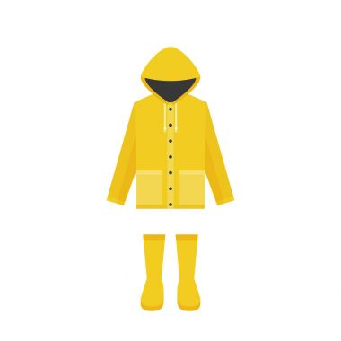 sarı yağmurluk ve lastik çizmeler, yağmur mevsimi için düz tasarım