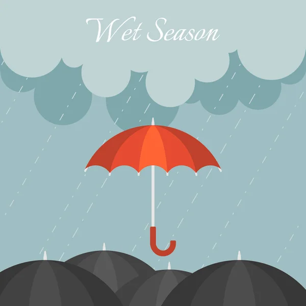 Red umbrella in rainy day with black umbrella and cloudy sky, flat design vector — Stock Vector