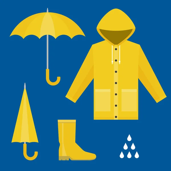 Regenmantel, Gummistiefel, offener und geschlossener Regenschirm, Regentropfen, Regenzeit-Set in flachem Design-Vektor — Stockvektor