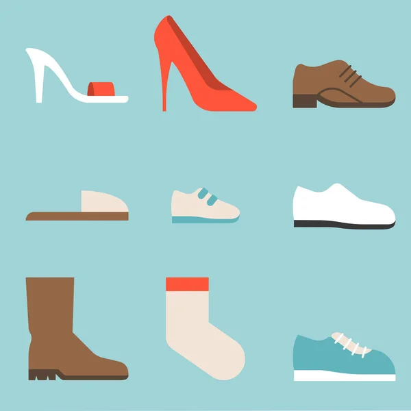 Type of shoes collection icon, women's shoes such as high heels and sandal, boots, men's shoes, children and baby, sneakers, slipper, socks, suitable for use in department store, flat design icon — Stock Vector