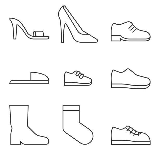 Tipo de icono de la colección de zapatos, zapatos de mujer como tacones altos y sandalias, botas, zapatos de hombre, niños y bebés, zapatillas de deporte, zapatillas, calcetines, adecuado para su uso en grandes almacenes, icono de esquema — Vector de stock