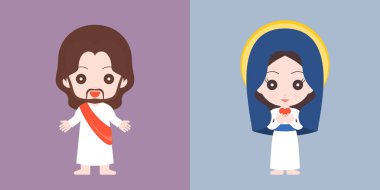 İsa ve Meryem'in sevimli karakteri, düz tasarlamak vektör