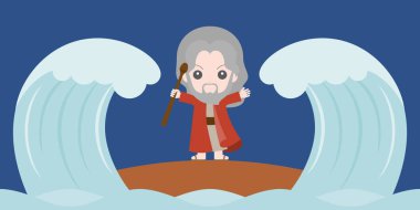 moses dividing the red sea in two parts, flat design cute character  clipart