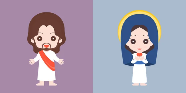 Gesù e Maria personaggio carino, disegno piatto vettoriale illustrazione — Vettoriale Stock
