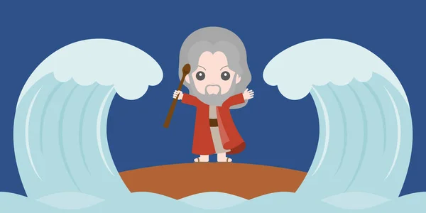 Moses dividiendo el mar rojo en dos partes, diseño plano lindo personaje — Vector de stock