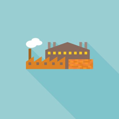 Fabrika ve duvar tuğla, endüstriyel simgesi düz tasarım uzun gölge ile