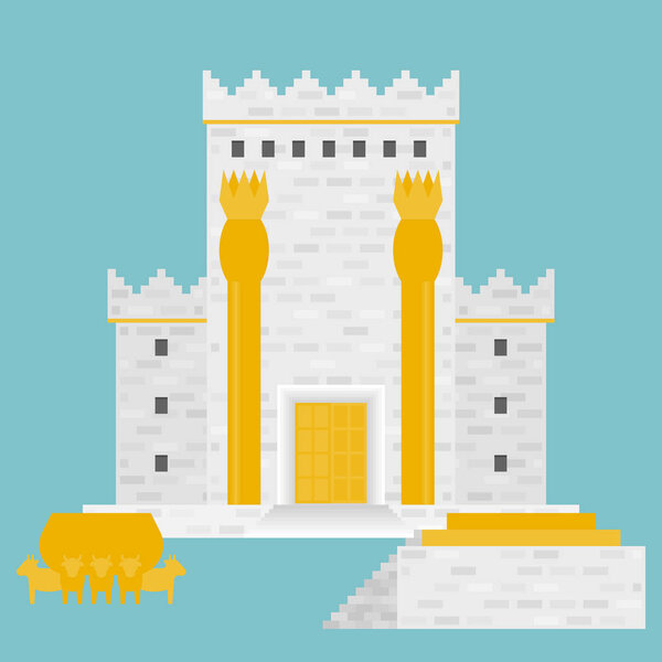 King Solomon's temple (Beit HaMikdash in hebrew name) with large basin call Brazen Sea and  bronze altar, flat design vector illustration