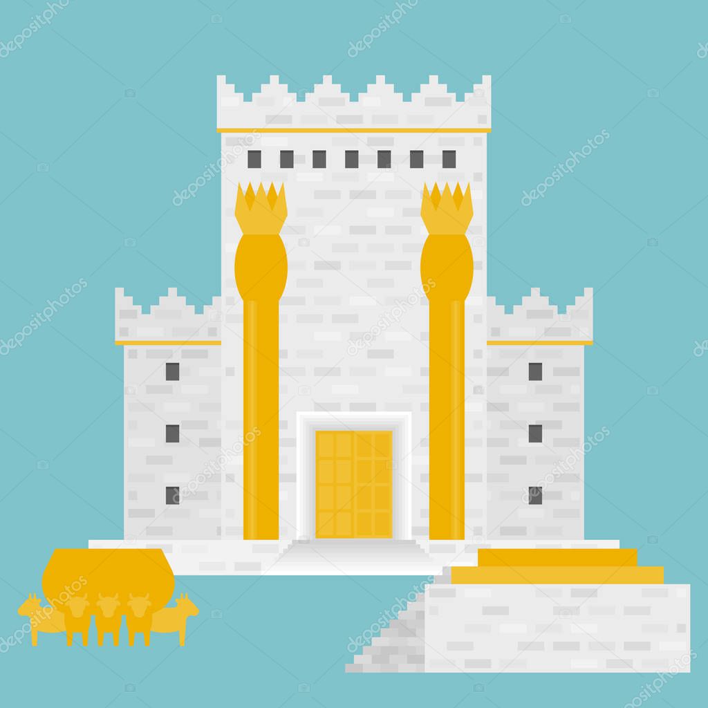 King Solomon's temple (Beit HaMikdash in hebrew name) with large basin call Brazen Sea and  bronze altar, flat design vector illustration