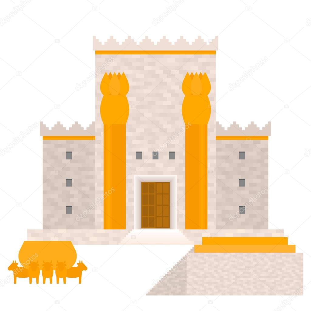 King Solomon's temple (Beit HaMikdash in hebrew name) with large basin call Brazen Sea and  bronze altar, flat design vector illustration