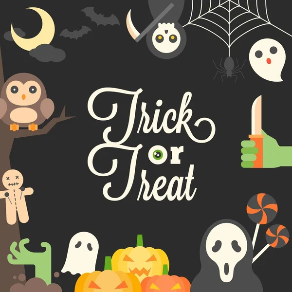 Halloween affisch, trick eller behandla kalligrafiska och söt tecknad figur, platt design — Stock vektor