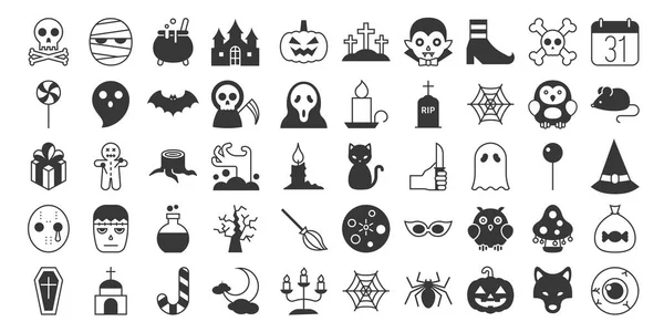 Gran conjunto de icono de silueta de Halloween, incluyen monstruo como el ángulo de la muerte, Drácula, máscara de asesino, murciélago y fantasma lindo, casa abandonada, búho, vela, gato o linterna, gato negro, dulces, lobo, cráneo — Vector de stock