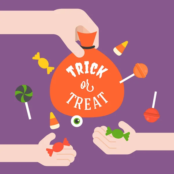 Adulto dando doces para crianças com truque ou tratar título tipográfico no saco de doces, vetor de design plano para feriado de Halloween — Vetor de Stock