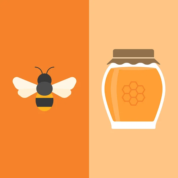 Пчела и медовая банка икона, плоский дизайн — стоковый вектор