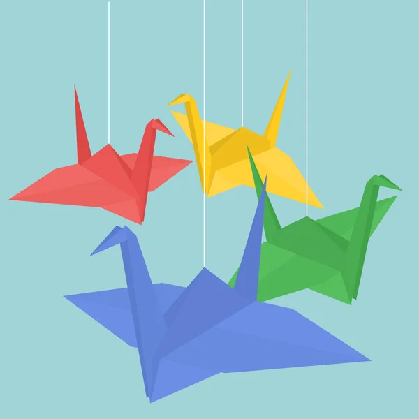 Hängende Origami-Papierkraniche in verschiedenen Farben, flacher Design-Vektor — Stockvektor