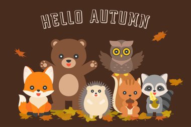 mutlu sonbahar tipografi ve sevimli karakter hayvan gibi tilki, ayı baykuş, kirpi, rakun, sincap, düz tasarlamak vektör
