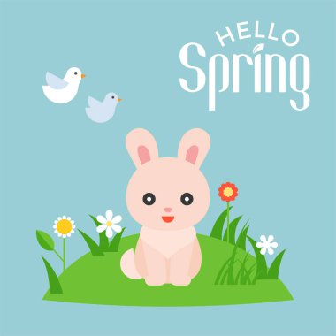 Merhaba bahar tipografi sevimli tavşan karakteri çayır ve uçan kuşlar, düz tasarlamak vektör çizim ile