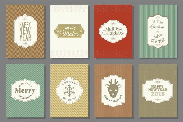 С Рождеством и Новым 2018 годом типографика и элементы для праздников с шаблоном поздравительной открытки и шевроном в стиле ретро — стоковый вектор