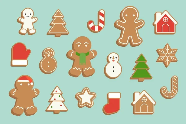 Galleta de pan de jengibre en varias formas, árbol de Navidad, copo de nieve, muñeco de nieve, estrella, calcetín y bastón de caramelo en diseño plano — Vector de stock