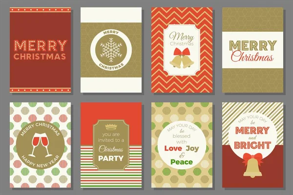 Tipografía de Feliz Navidad y elementos para vacaciones con plantilla de tarjeta de felicitación y patrón en estilo retro — Vector de stock