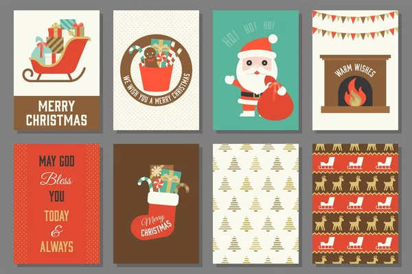 Tipografía de Feliz Navidad y elementos para vacaciones con plantilla de tarjeta de felicitación y patrón sin costuras para su uso como regalo de papel de regalo — Vector de stock