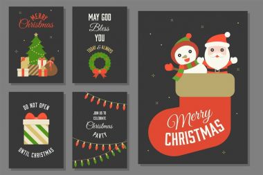 Neşeli Noel tipografi ve tebrik kartı şablonu Noel Baba ve kardan adam çorap, Noel çelenk, mevcut kutuları, hediye kutusu, Noel Led ışıkları düz tasarım yığını gibi öğelerle