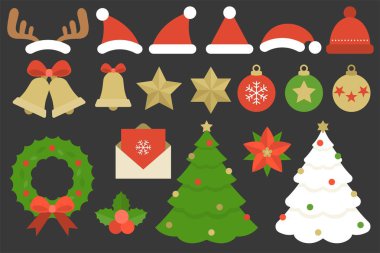 Ren geyiği boynuzu, Noel şapka, yün şapka, toplar, yıldızın, yay, ökse otu, yılbaşı ağacı, çiçek, davetiye, Noel çelenk içinde düz çizmek ile çan asılı gibi Noel, öğeleri kümesi