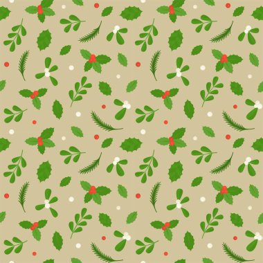 Kırmızı ve beyaz ökseotu Noel ambalaj kağıt, düz tasarım olarak kullanmak için altın arka plan üzerinde Ladin şubesi ile Seamless Modeli